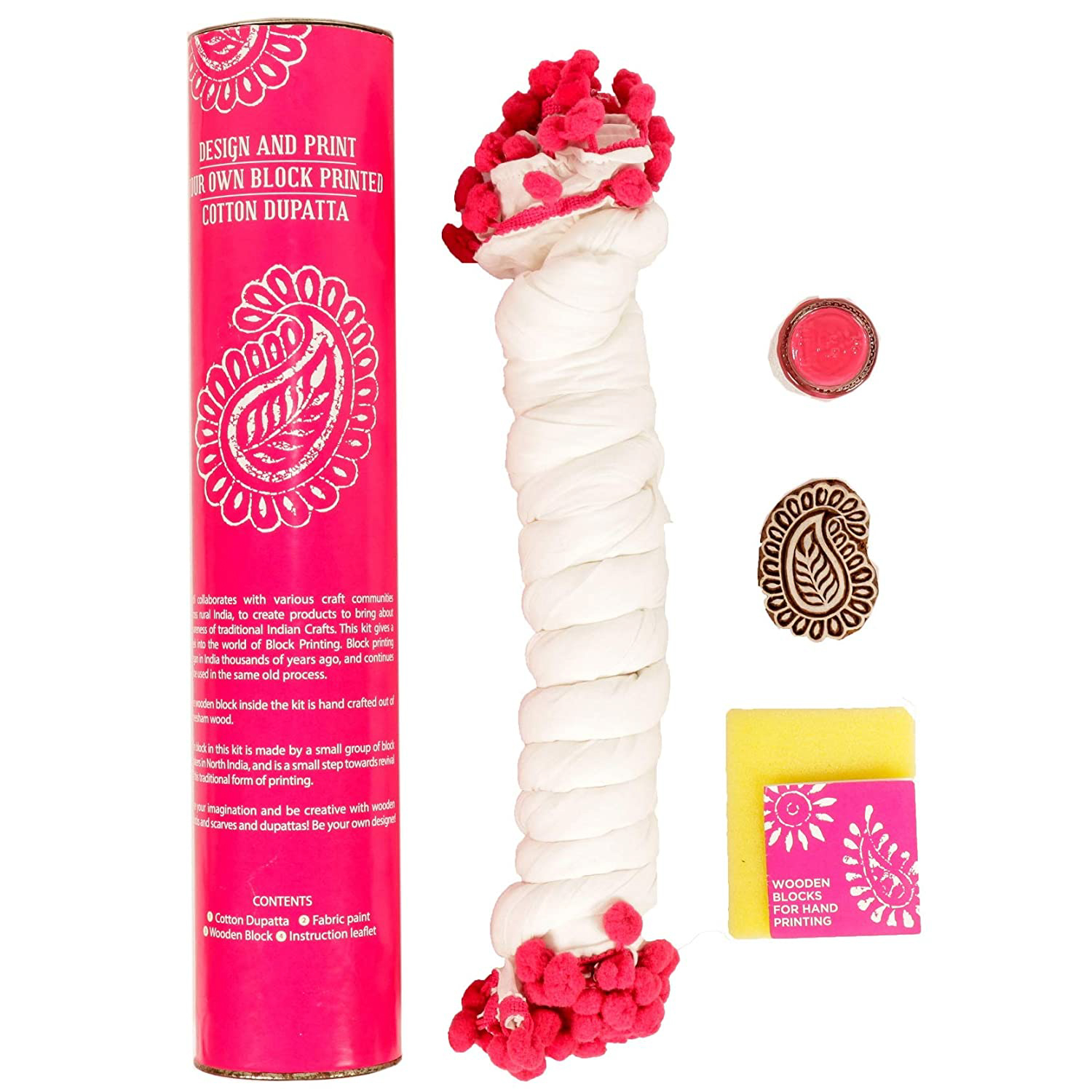 POTLI DIY Craft Kit (for All Ages) Block Print Your Own Dupatta - Paisley Design ( Pink)